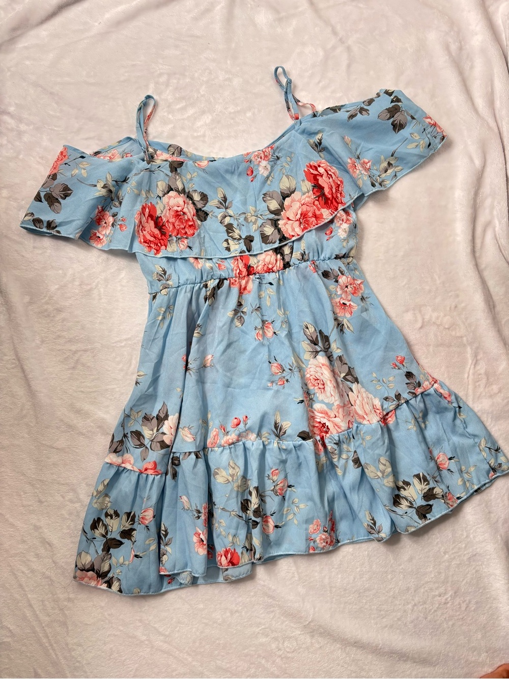 SHEIN Light Blue Floral Ruffle Off-Shoulder Dress